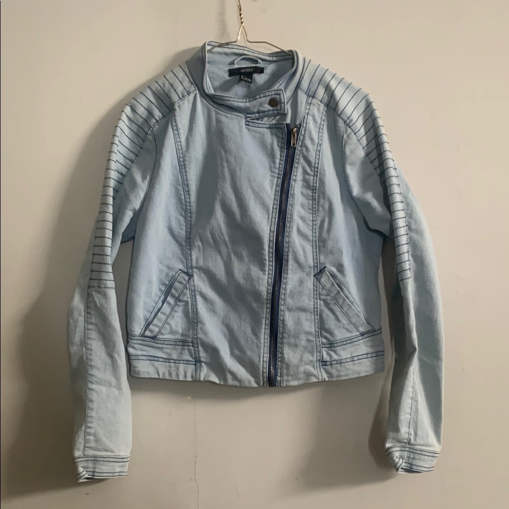 Forever 21 Blue Jean Jacket with Asymmetrical Zipper and Quilted Details